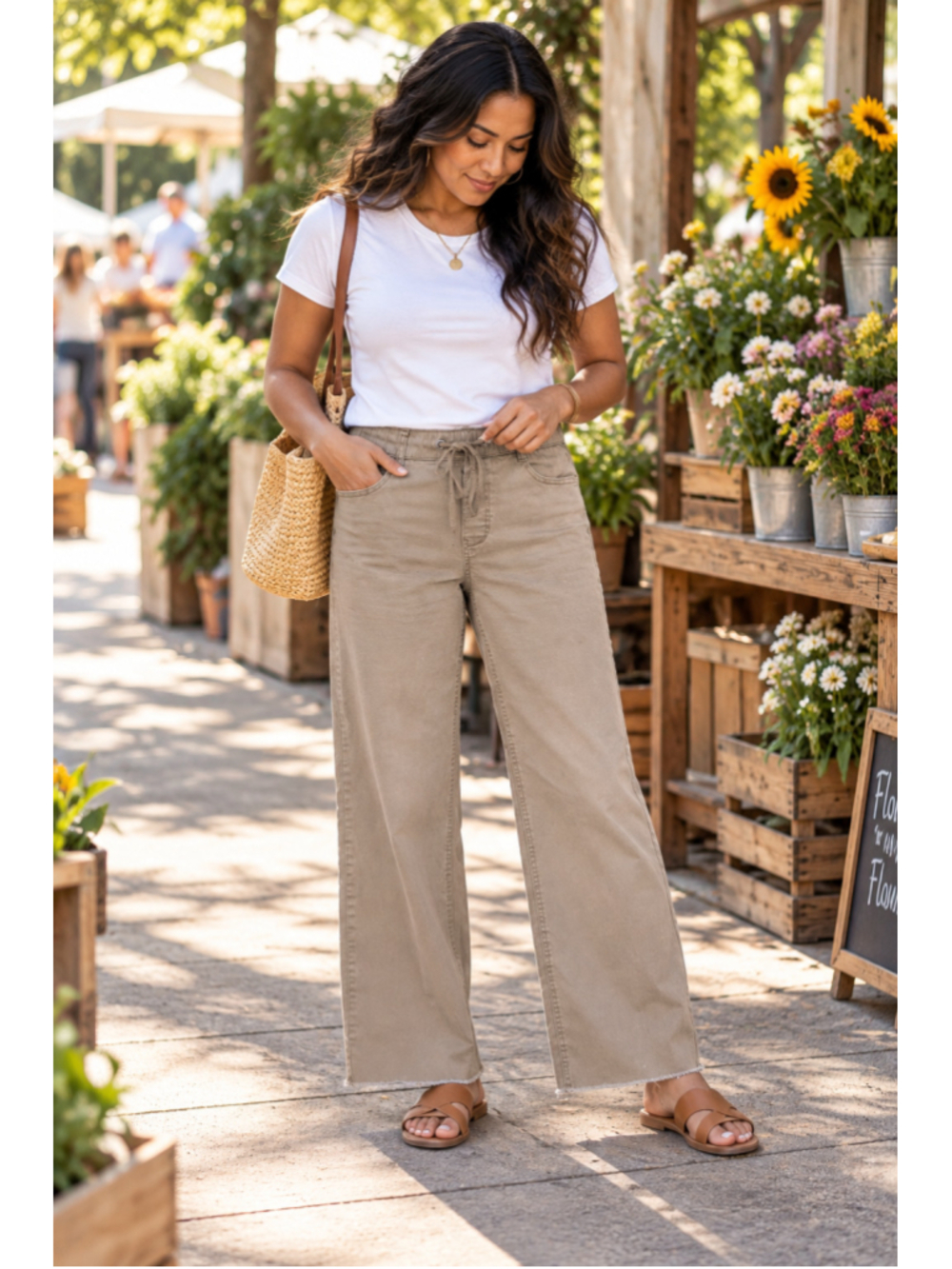 Rewash Khaki Wide Leg Pull-On Pants Womens Medium Drawstring Raw Hem Boho
